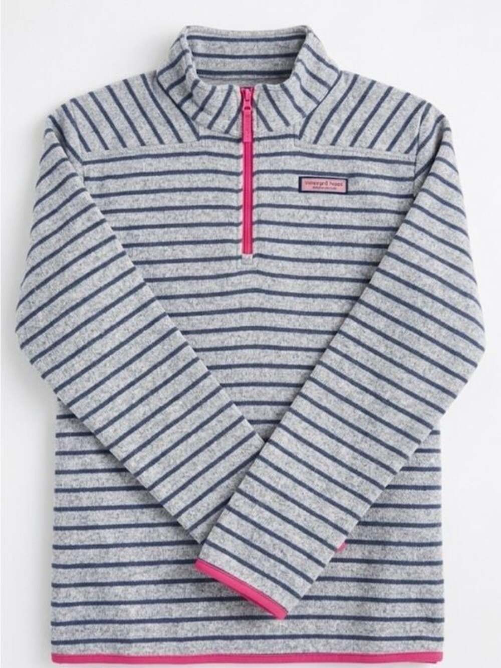 Vineyard Vines Gray & Navy Striped Half-Zip Pullover with Pink Accents